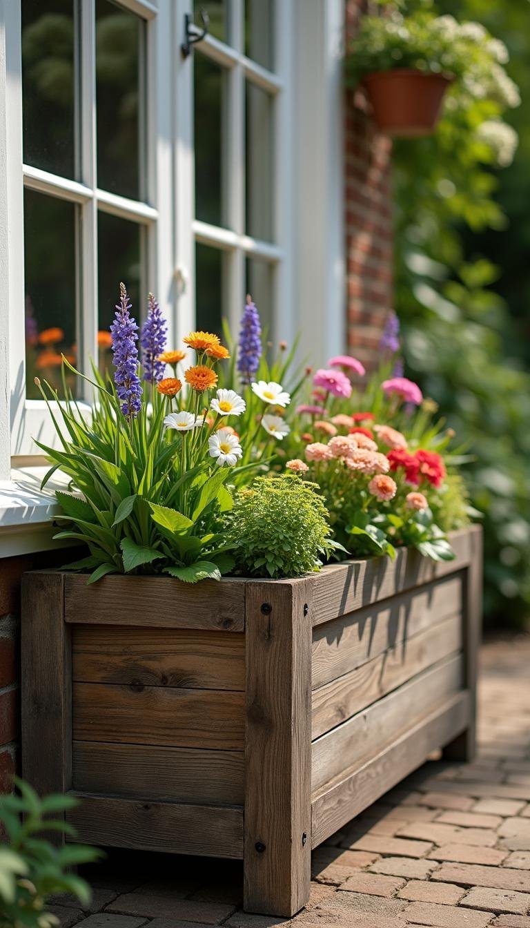 Rustic wooden planter box filled with colorful flowers in a quaint garden setting