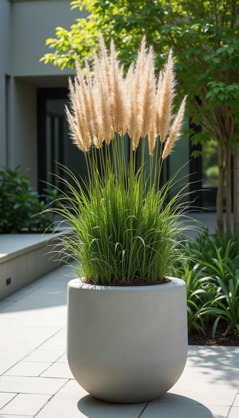 Tall concrete garden planter with ornamental grasses in a sleek outdoor garden space