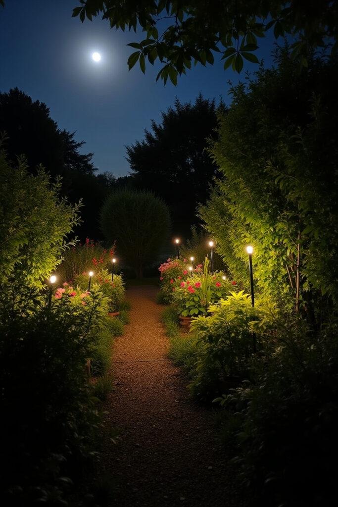 Nighttime garden scene with moonlit sky and glowing fairy lights over blooming flowers and shrubs
