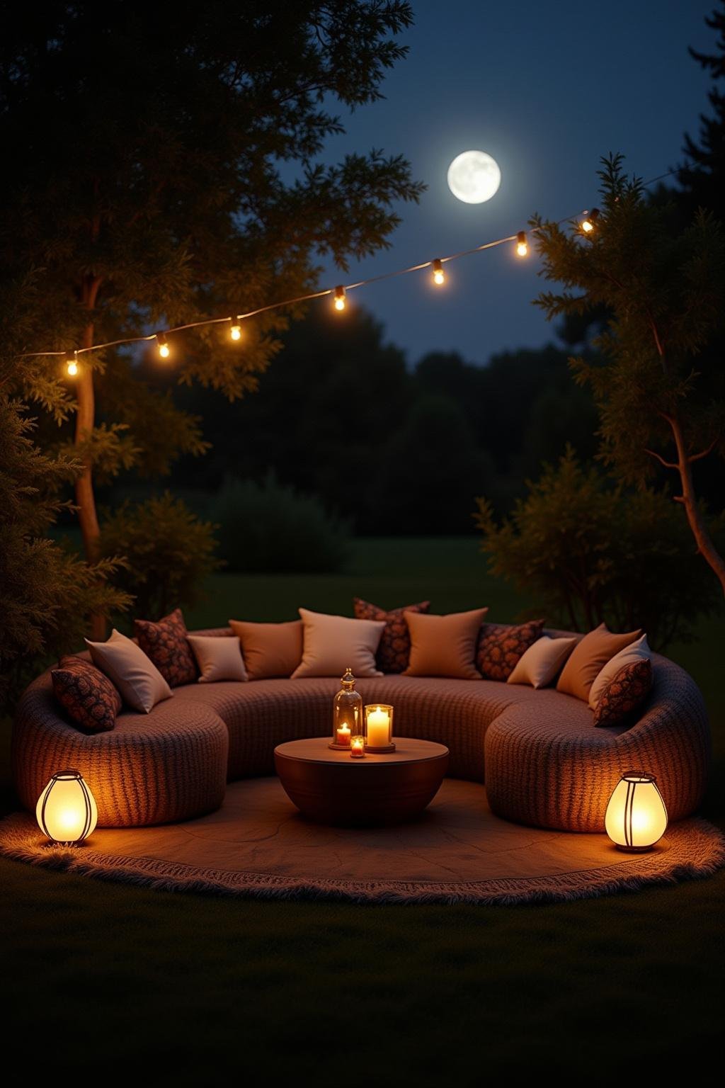 Night garden seating area illuminated with warm lanterns and cushions, surrounded by greenery under a starry sky