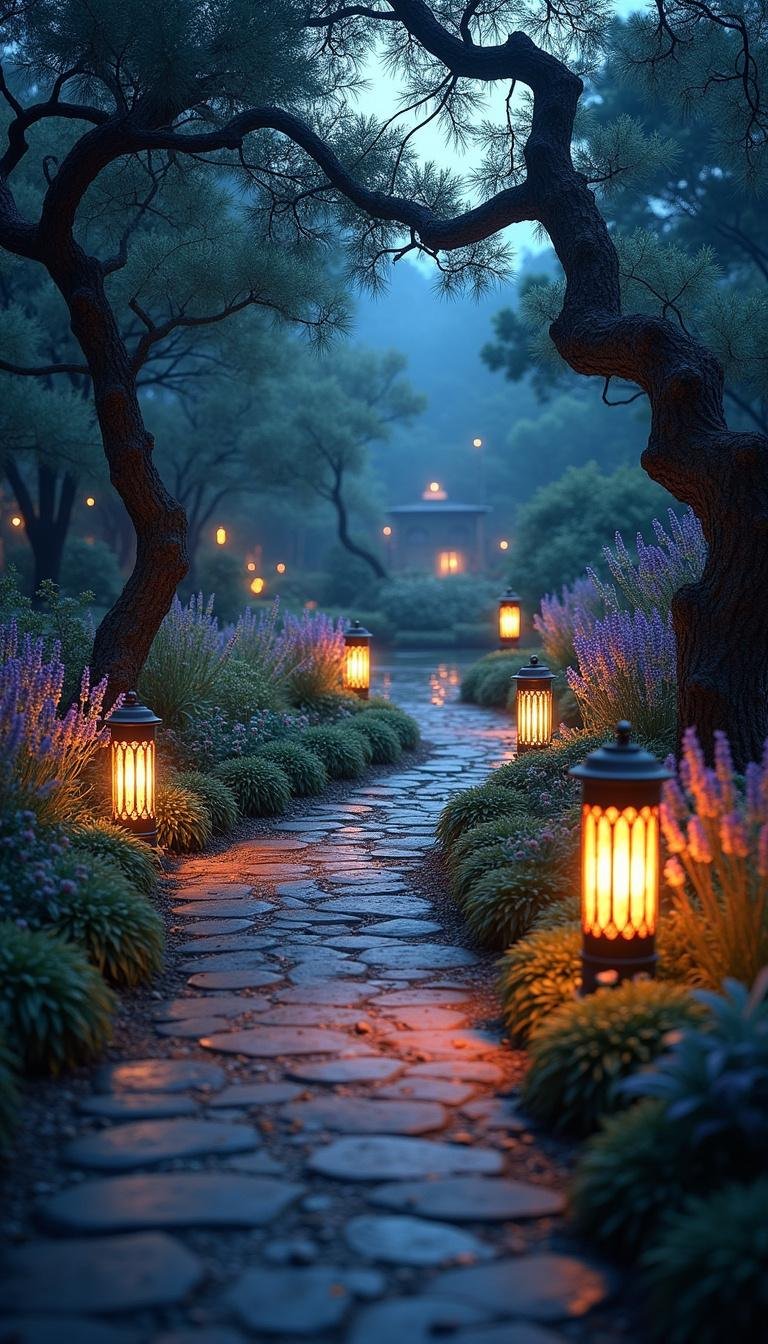 Pathway in a nighttime garden with lantern lighting and moonlit trees, guiding visitors toward a tranquil pond