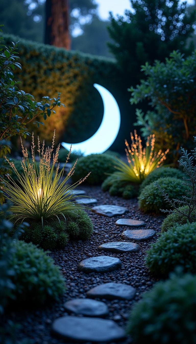 Night garden corner featuring a moon sculpture, illuminated plants, and ambient lighting for a magical setting