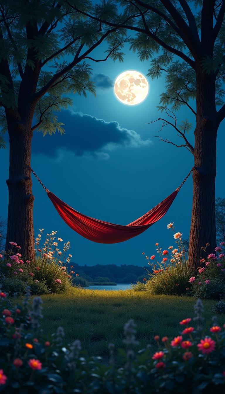 Relaxing hammock in a moonlit garden with blooming night flowers and soft outdoor lighting for a peaceful ambiance