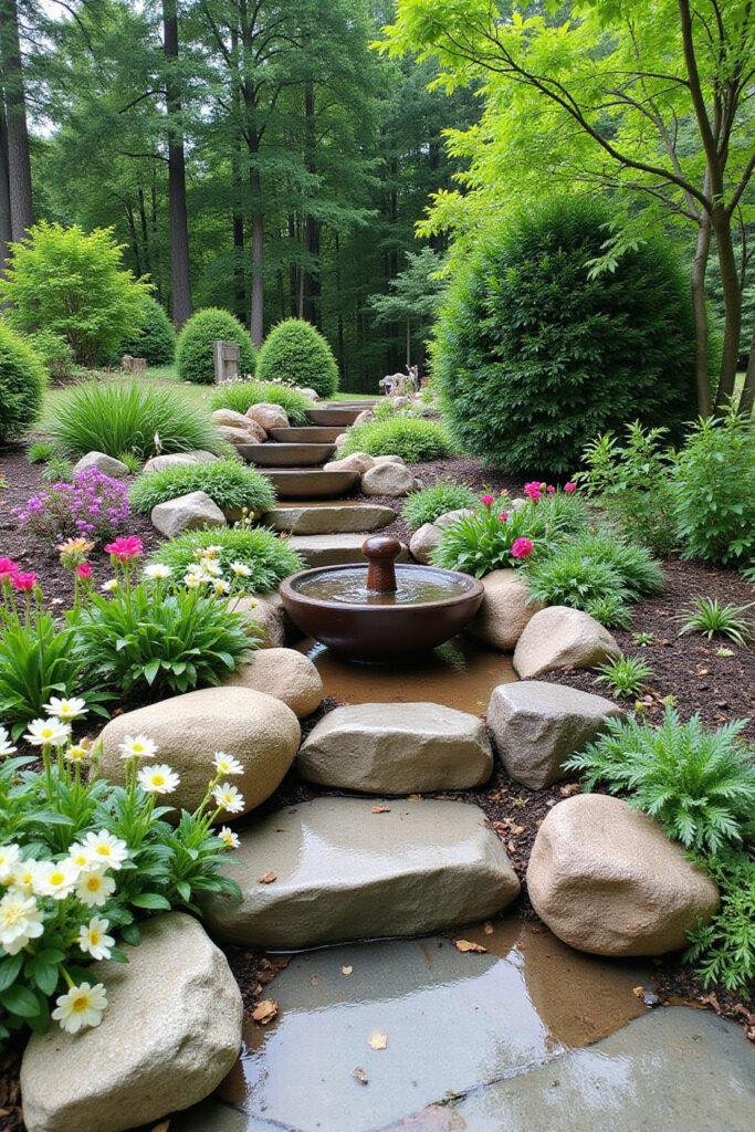 A peaceful home garden featuring lush green plants, decorative stones, and a fountain with blooming flowers