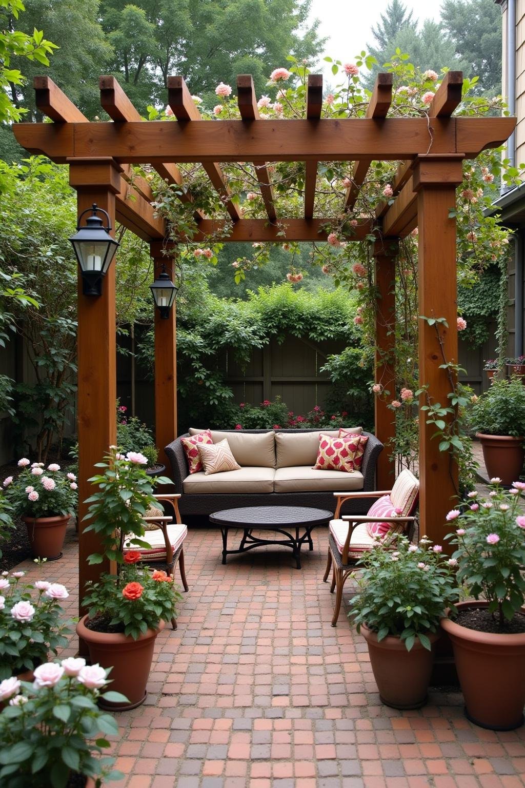 A cozy backyard garden with a wooden pergola, hanging lanterns, and colorful roses