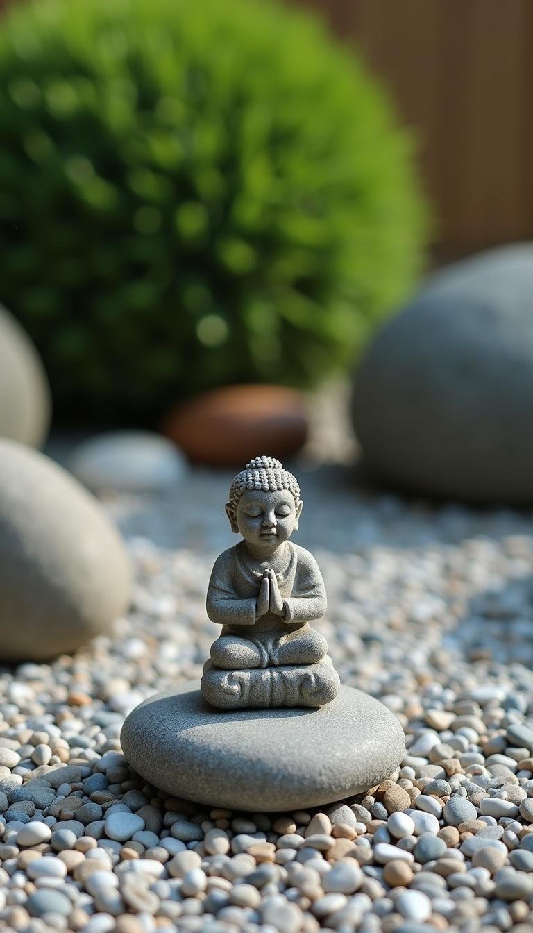 A tranquil Zen garden with raked gravel, smooth stones, and a small meditation statue