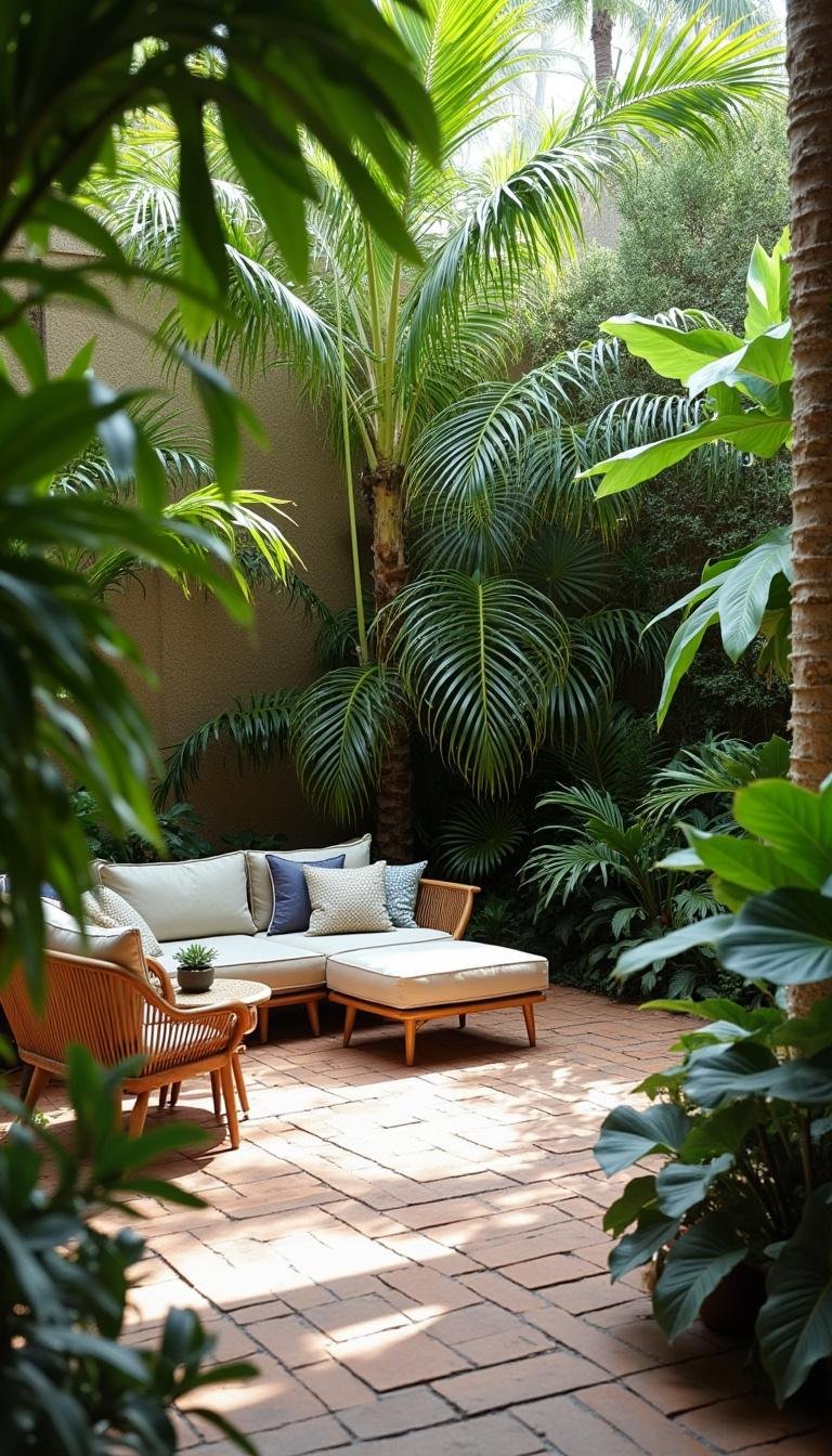 A tropical garden corner with palm trees, exotic plants, and a comfortable seating space