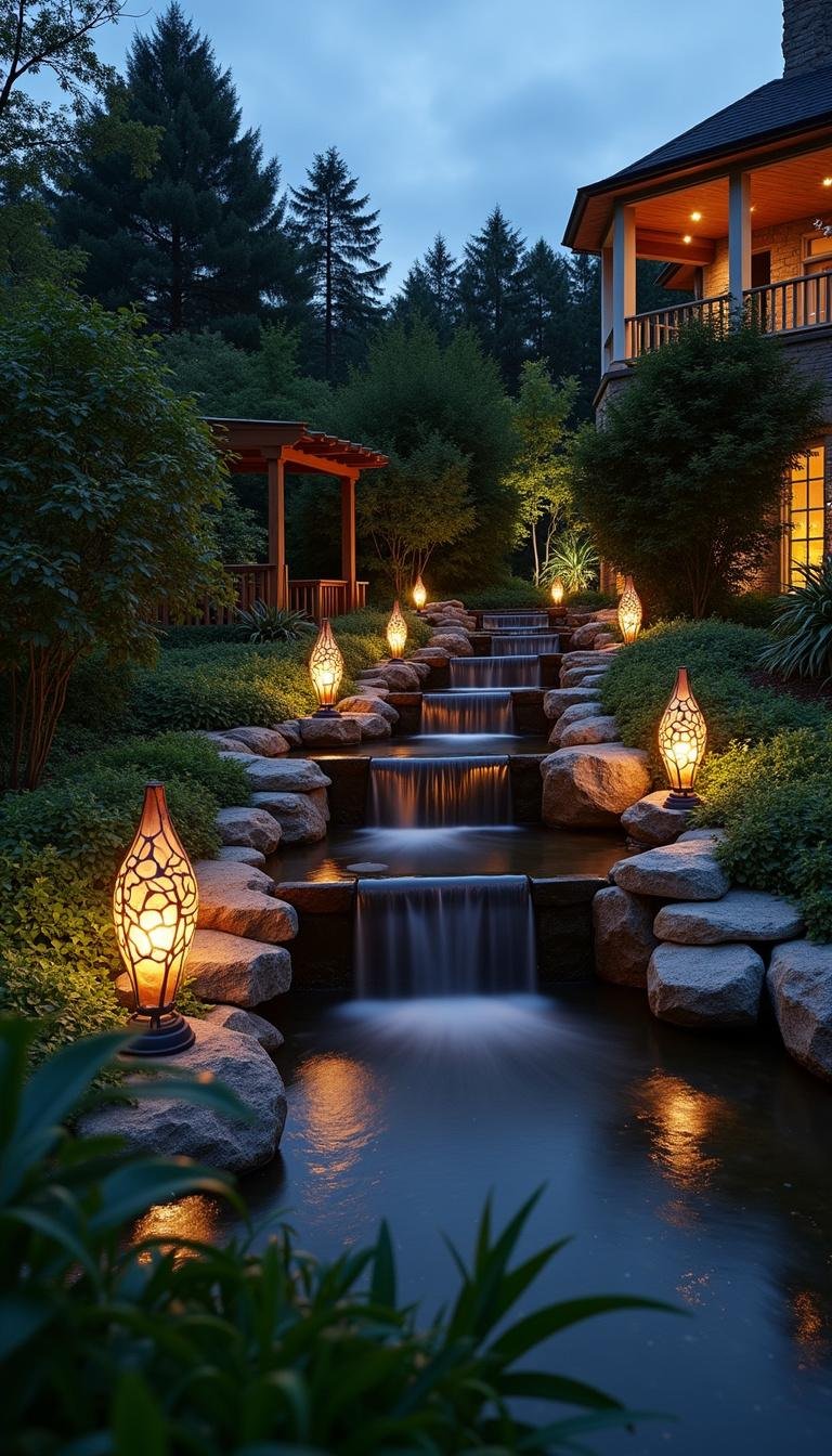 A beautiful garden with a water fountain, lush plants, and ambient lighting at dusk