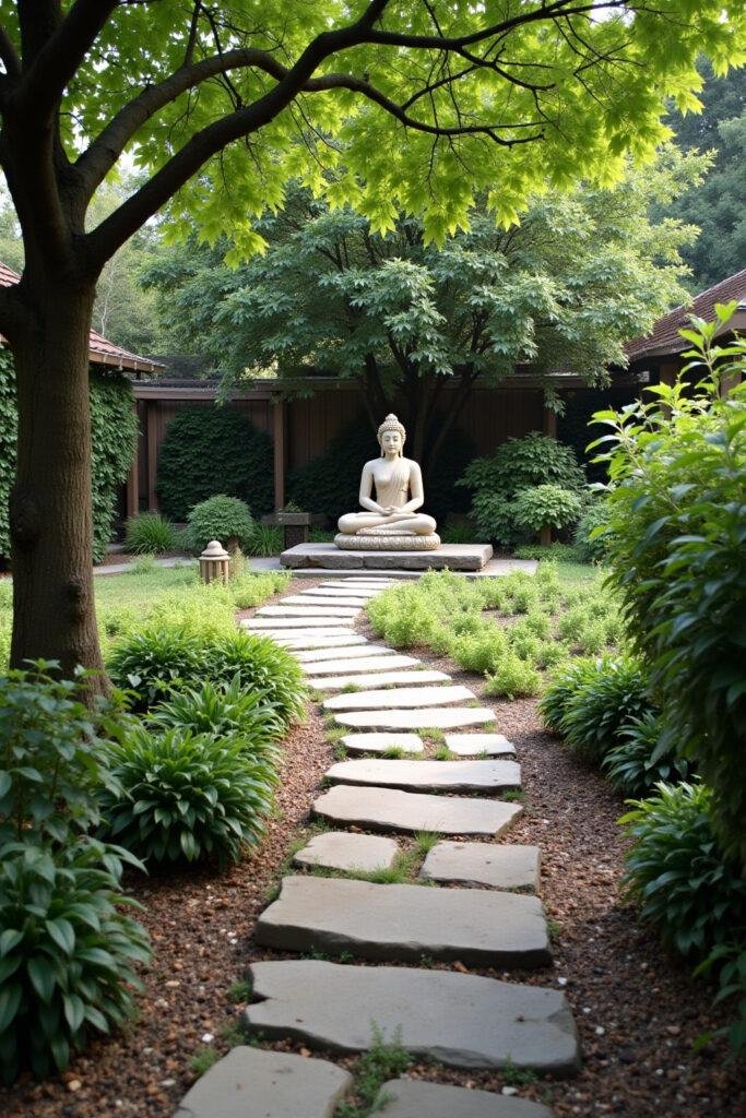 Serene spiritual garden featuring winding stone pathways, lush greenery, and a peaceful meditation space under a shade tree.