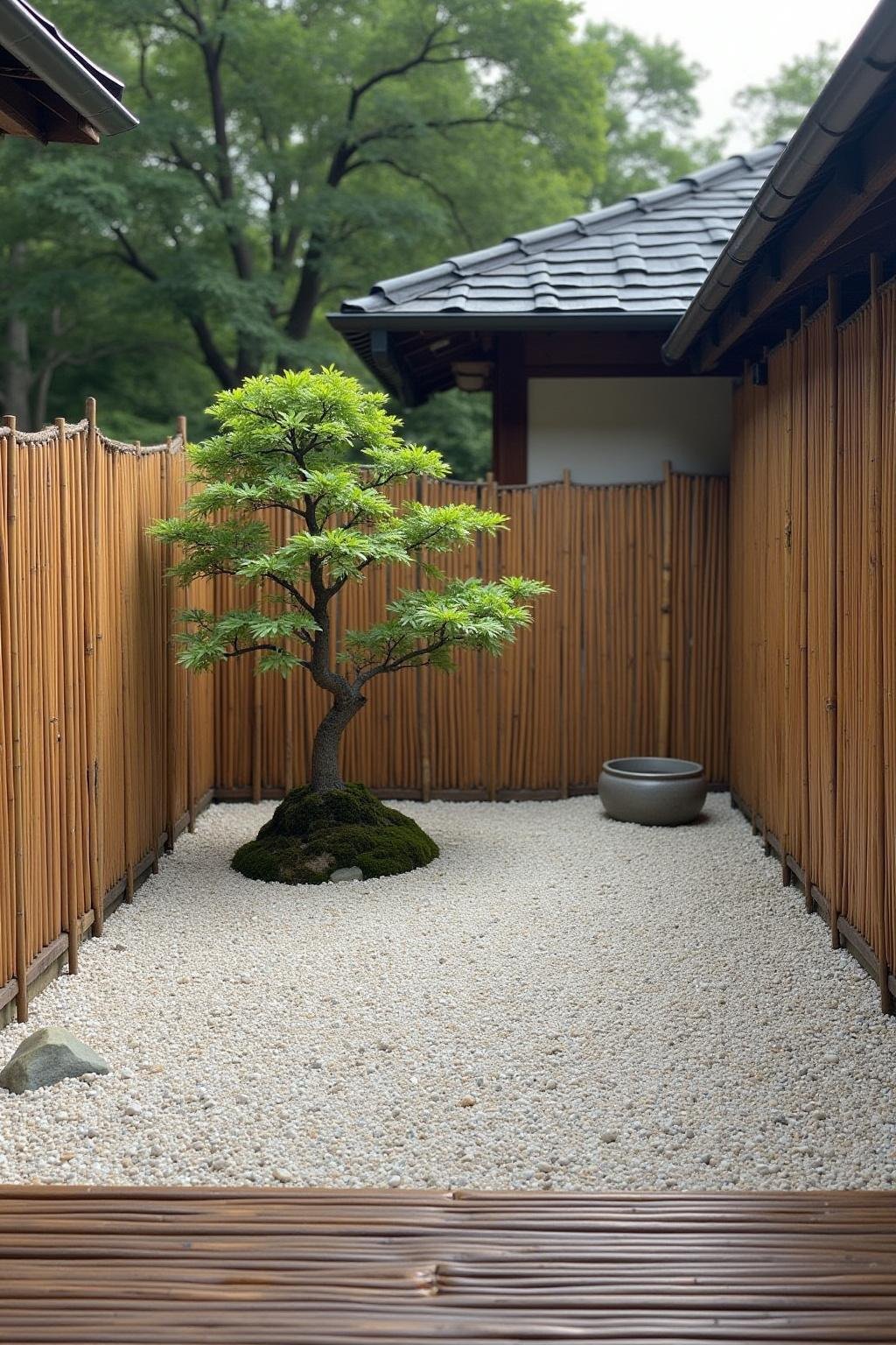 Minimalist Zen garden with raked gravel, bamboo fencing, and a bonsai tree for peace and reflection.