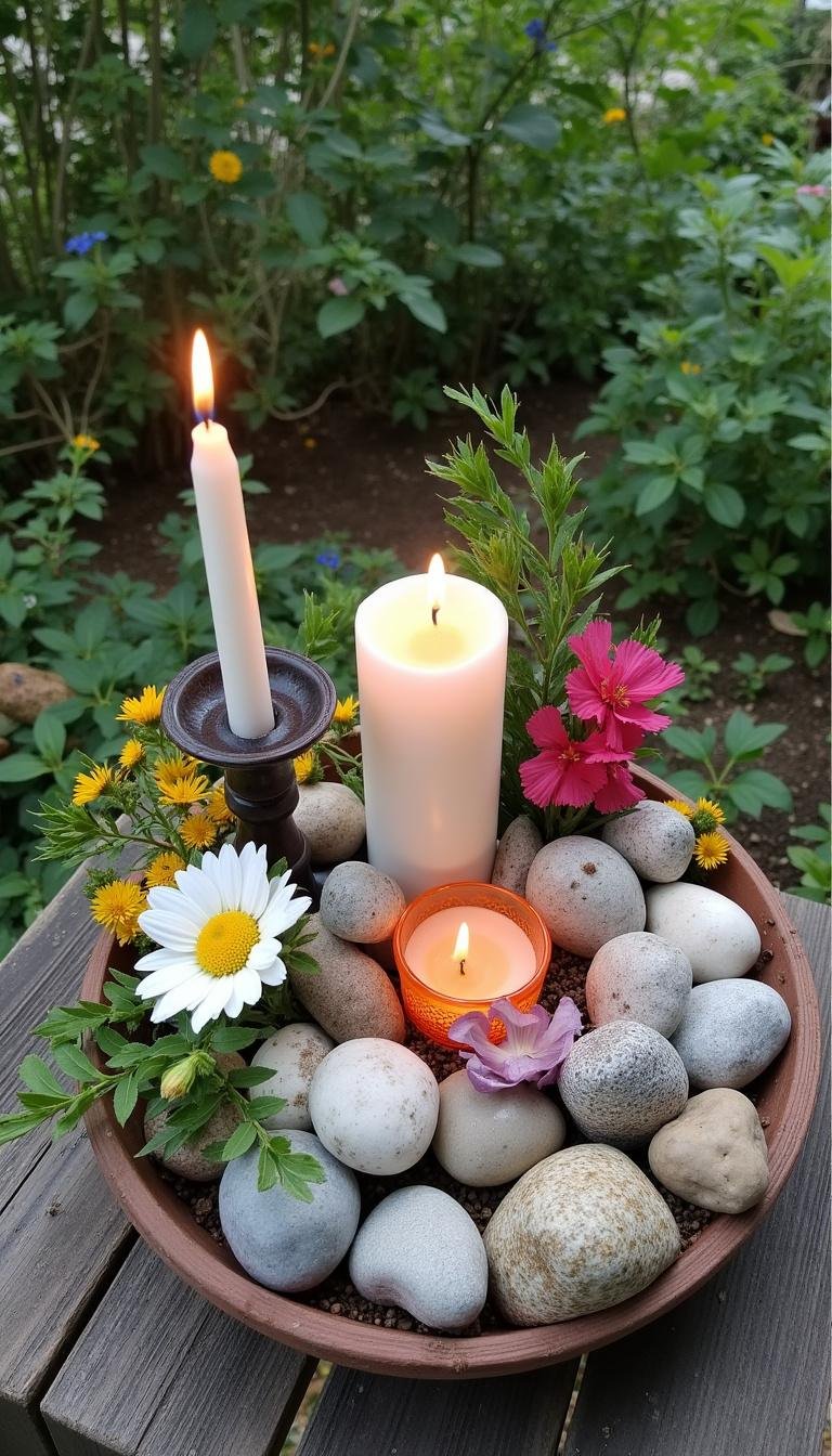 Outdoor spiritual altar made of stones, flowers, and candles within a lush garden environment.