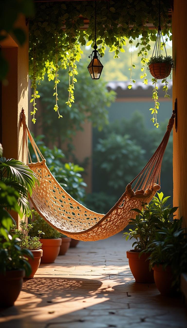 Relaxing garden nook with hammock, soft lighting, and potted plants for a peaceful retreat.