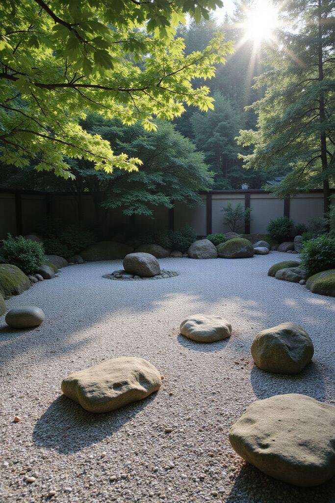 A peaceful Japanese Zen garden featuring raked gravel and smooth stones under soft morning sunlight