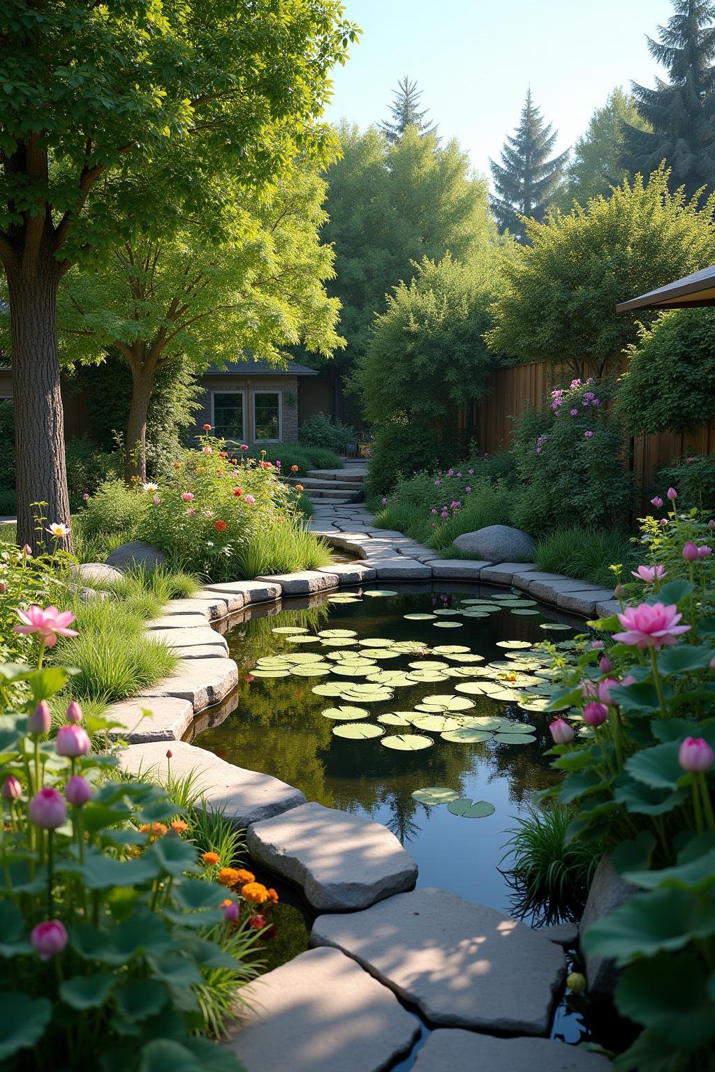 A tranquil garden with a lotus pond, blooming flowers, and stone walkways on a sunny day