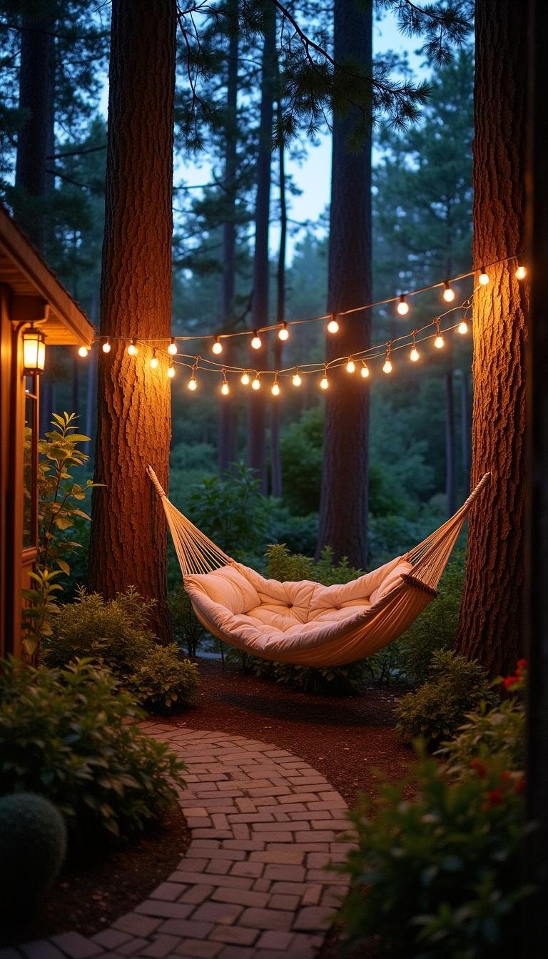 A peaceful garden corner with a hammock, tall trees, and decorative plants during twilight