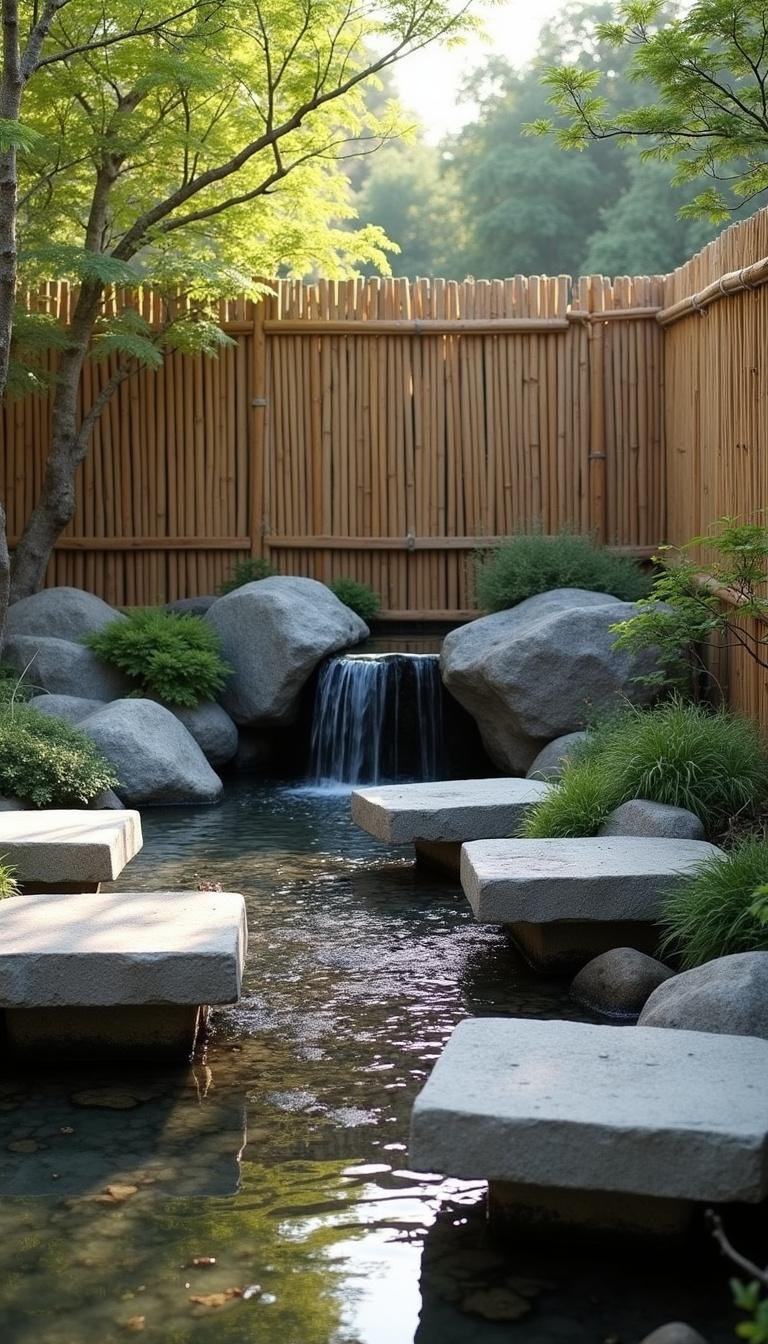 A serene meditation garden featuring stone benches, bamboo, and a small waterfall in early morning light