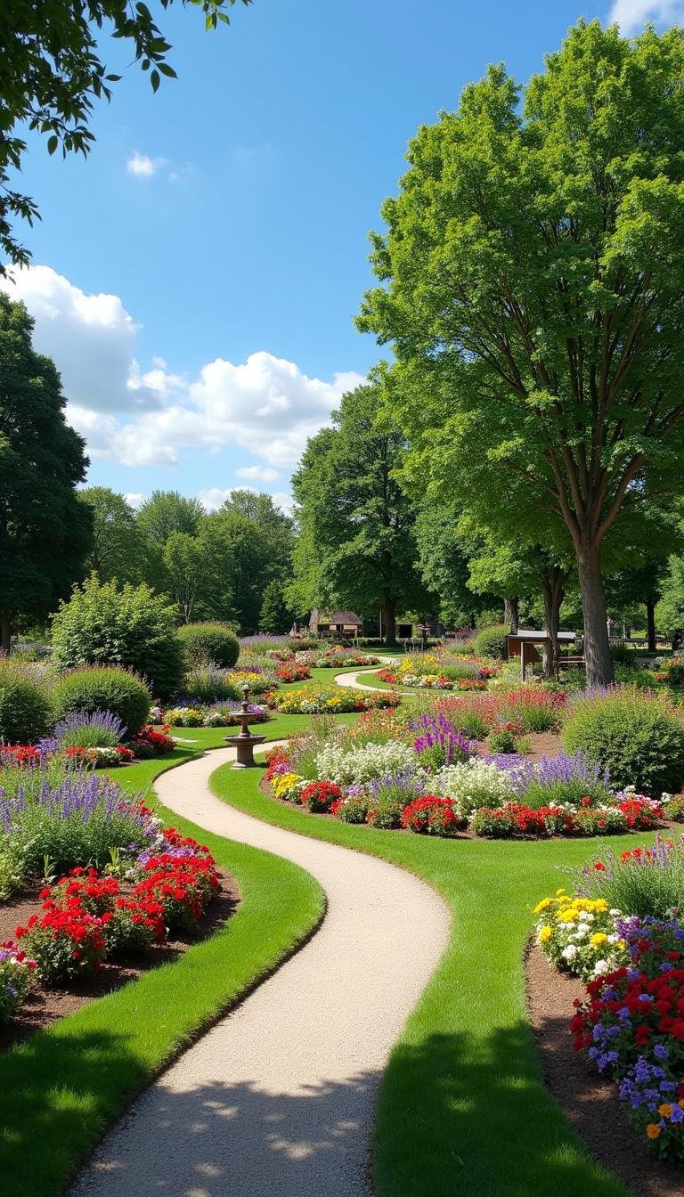A tranquil flower garden with winding paths, a birdbath, and benches under a clear blue sky
