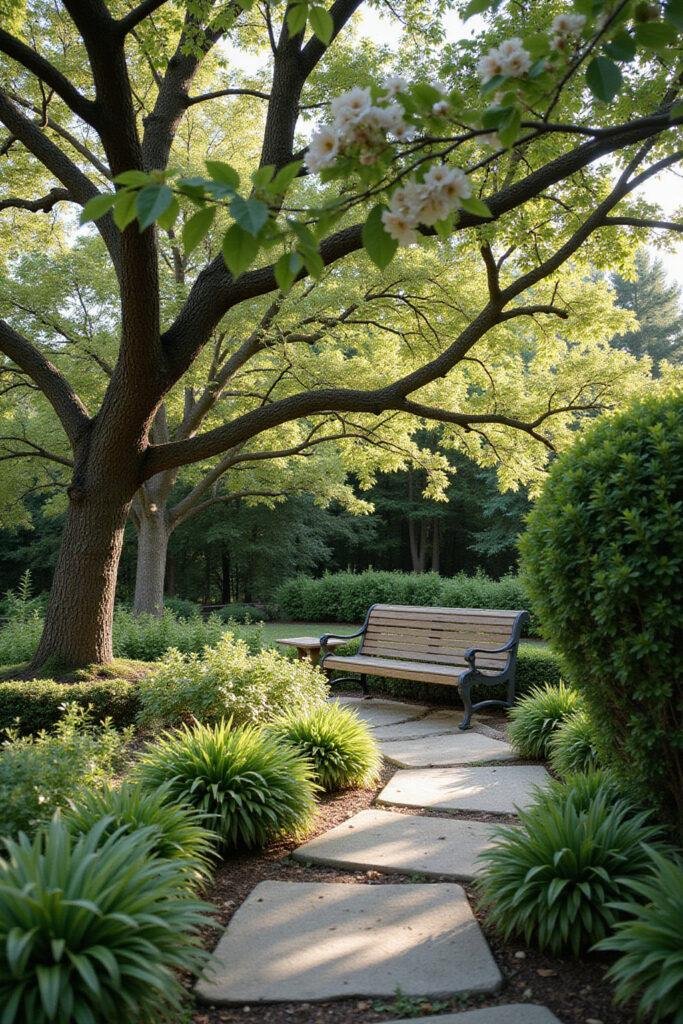 Serene backyard garden with stone pathway, lush plants, and wooden bench in morning light for relaxation