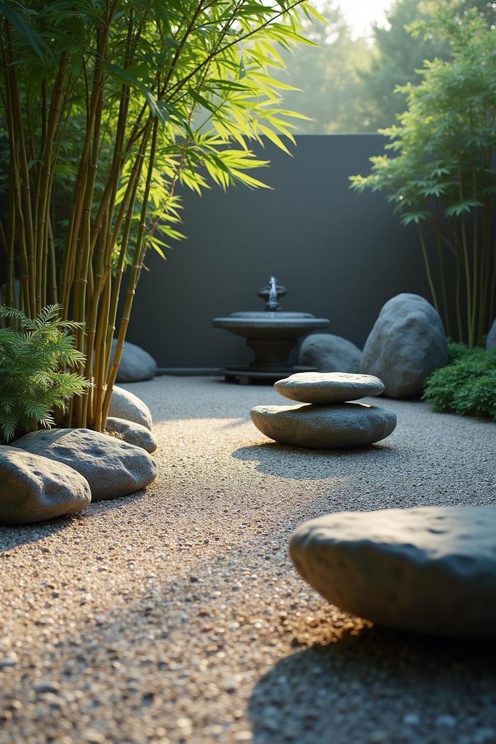 Peaceful Zen garden with raked gravel, rocks, bamboo, and water fountain creating a calming atmosphere