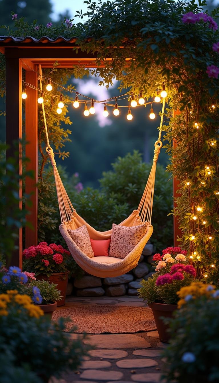 Cozy garden nook with hammock, colorful flowers, and fairy lights at dusk for de-stressing