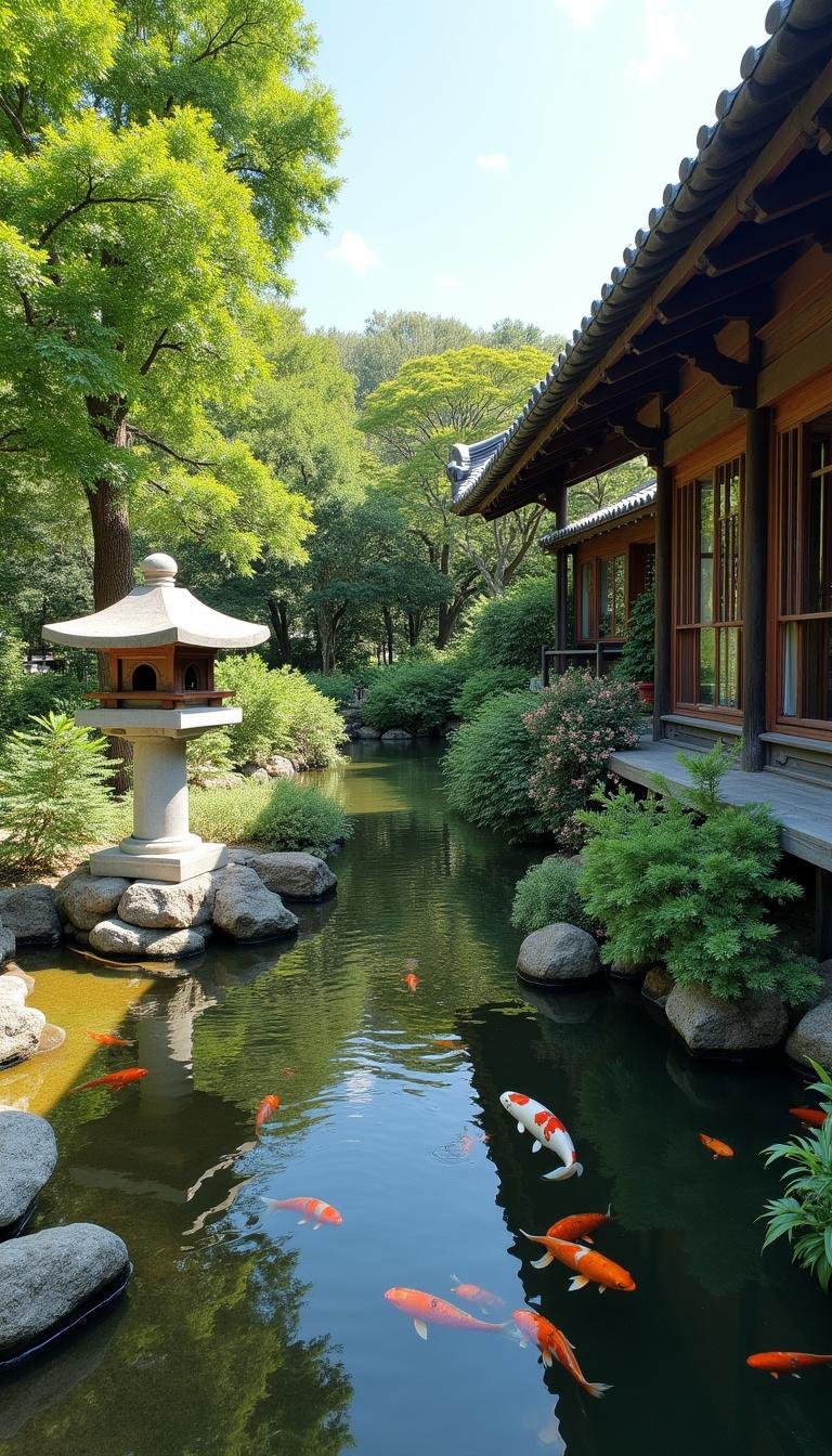 Japanese garden with koi pond, stone lanterns, and lush greenery fostering relaxation