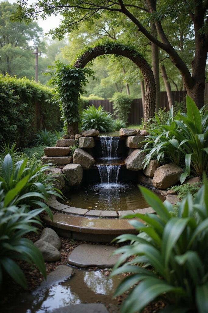 Backyard spiritual space with fountain and greenery for relaxation and meditation