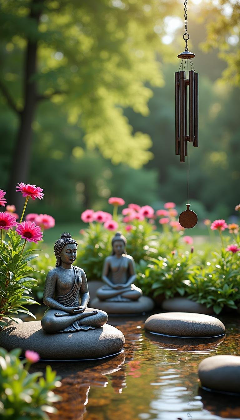 Garden featuring wind chimes, meditation statues, and vibrant flowers for spiritual ambiance