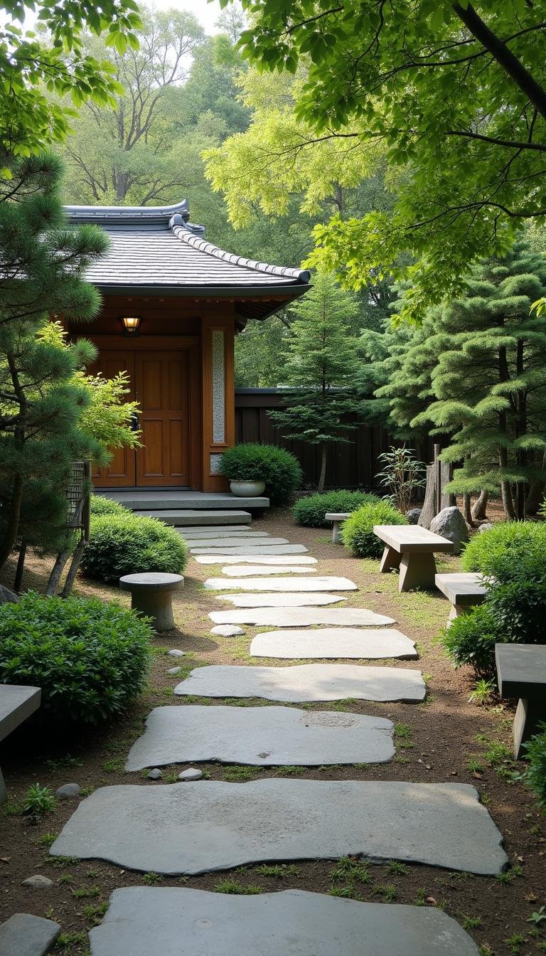 Stone pathway in backyard with meditation benches and natural surroundings for spiritual practices