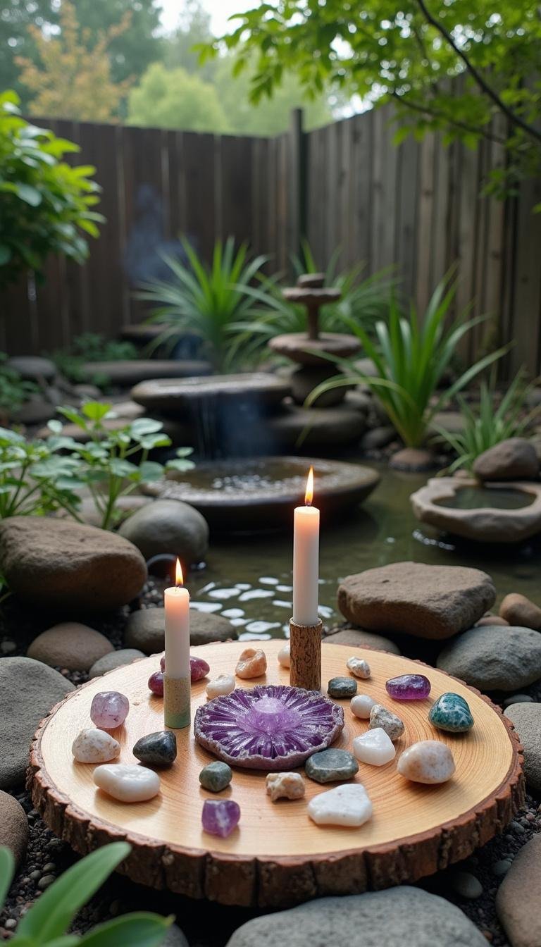 Backyard with crystal grid, incense, and water features promoting spiritual energy and tranquility