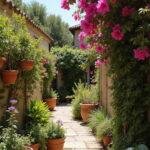 Colorful Mediterranean garden scene with flowering plants and sunlit stone pathway