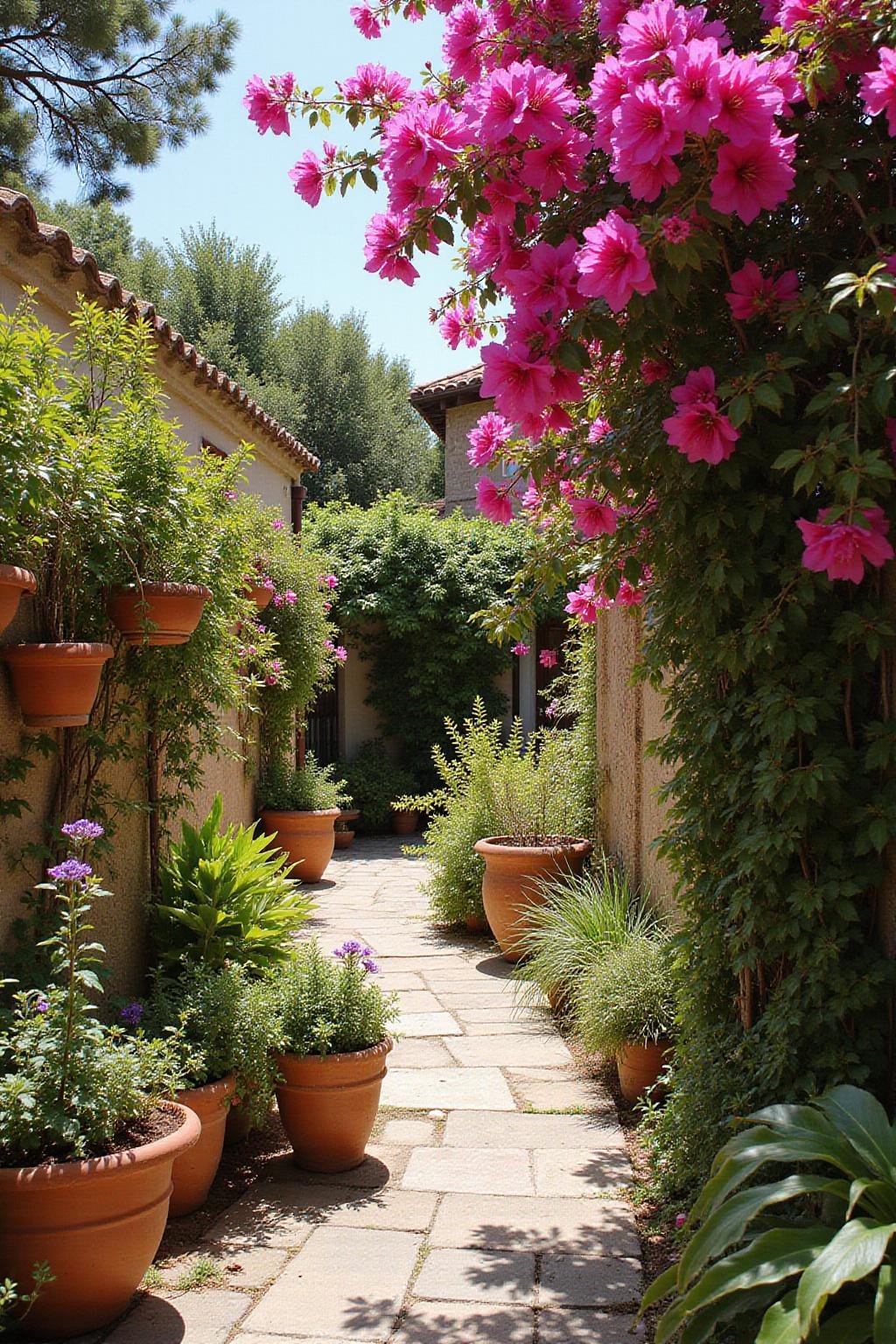 Colorful Mediterranean garden scene with flowering plants and sunlit stone pathway