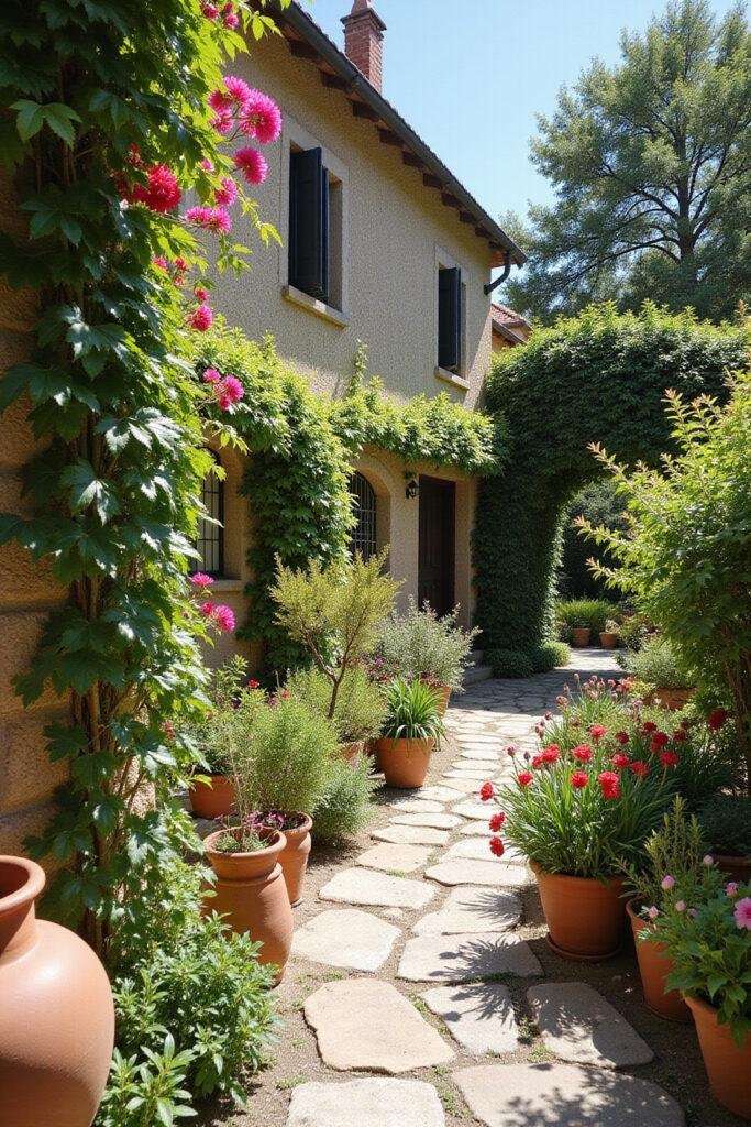 Beautiful Mediterranean garden featuring vibrant flowers, terracotta pots, and stone walkways with sunny weather