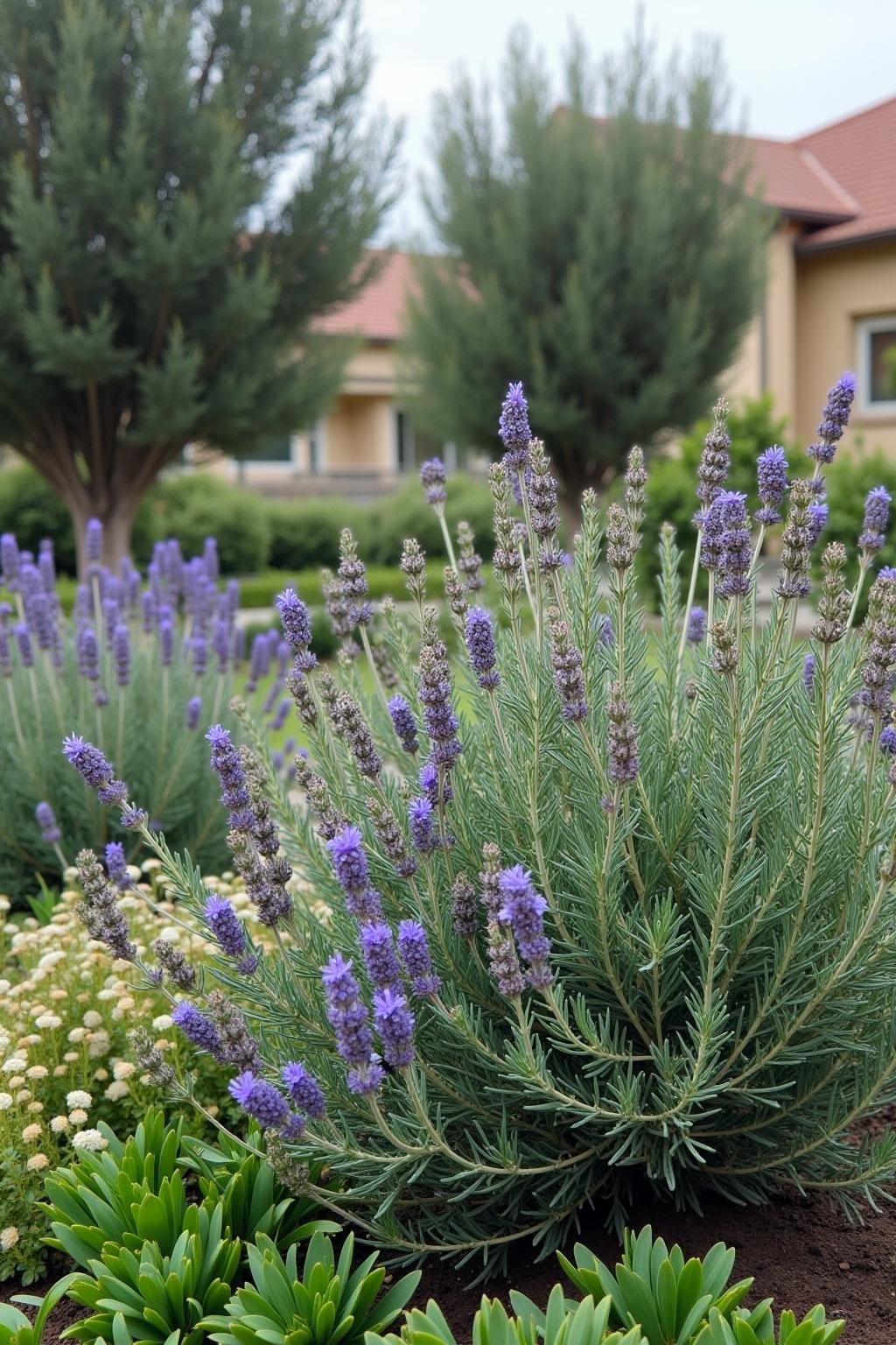 Close-up of Mediterranean herbs like rosemary, lavender, and olive trees in a low-maintenance garden setting