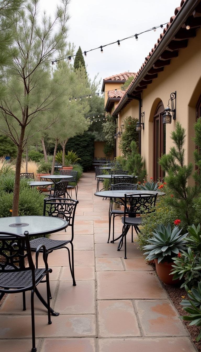 Elegant outdoor seating in a Mediterranean garden with wrought iron furniture and drought-resistant plants