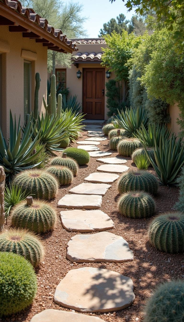 Rustic stone pathway in a Mediterranean garden with succulents and cacti, showcasing low-maintenance landscaping