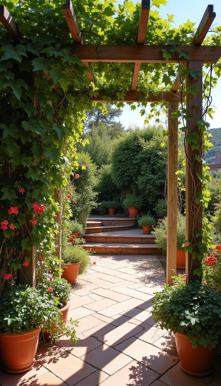 Panoramic view of Mediterranean garden terrace featuring a pergola, climbing vines, and colorful flowering plants