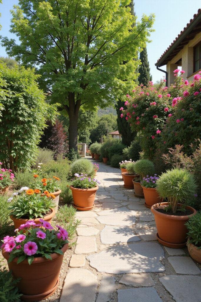 A picturesque Mediterranean garden featuring colorful flowers, terracotta pots, and stone walkways reminiscent of Italy
