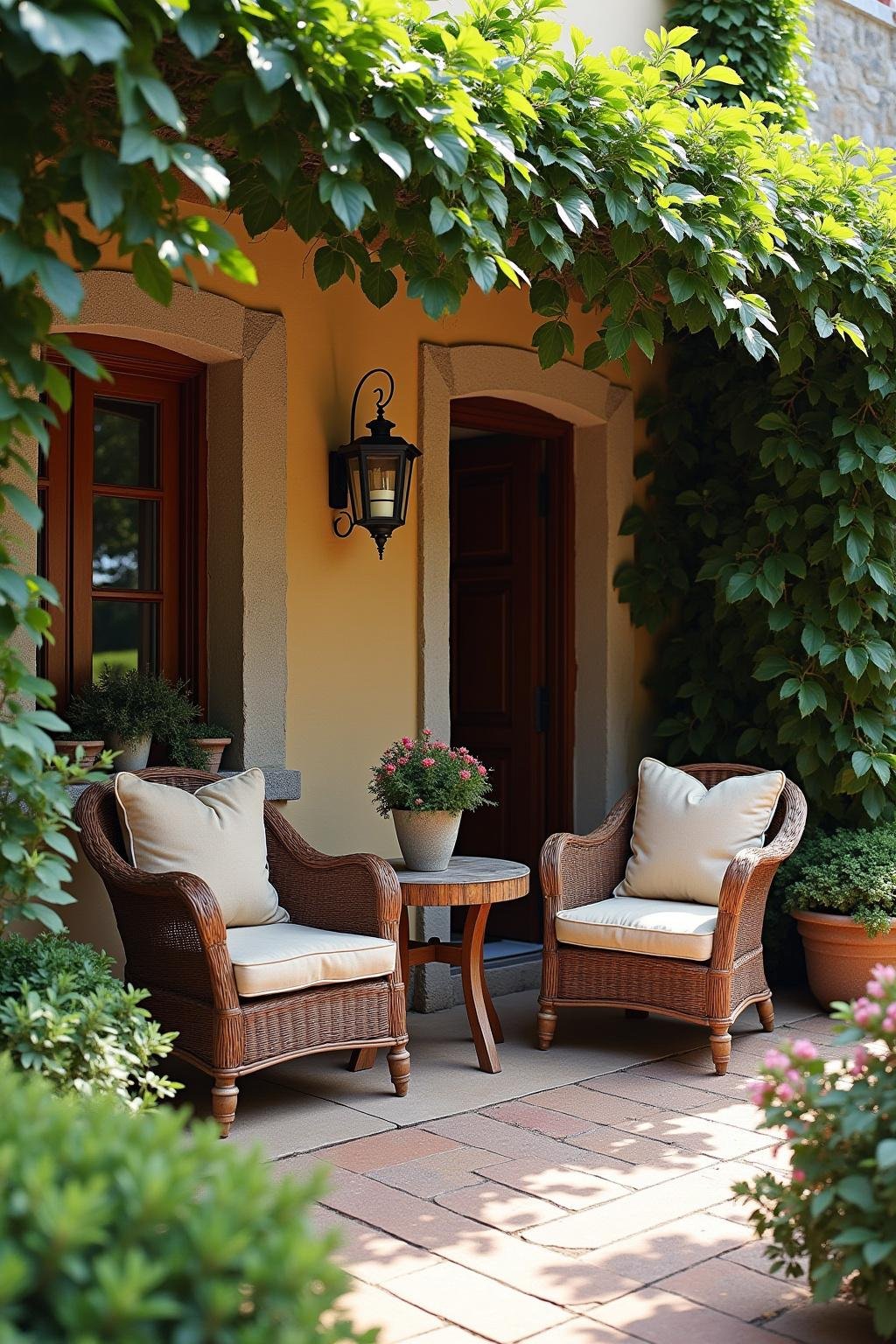 An inviting outdoor patio with rustic furniture and lush green plants in a Mediterranean garden setting