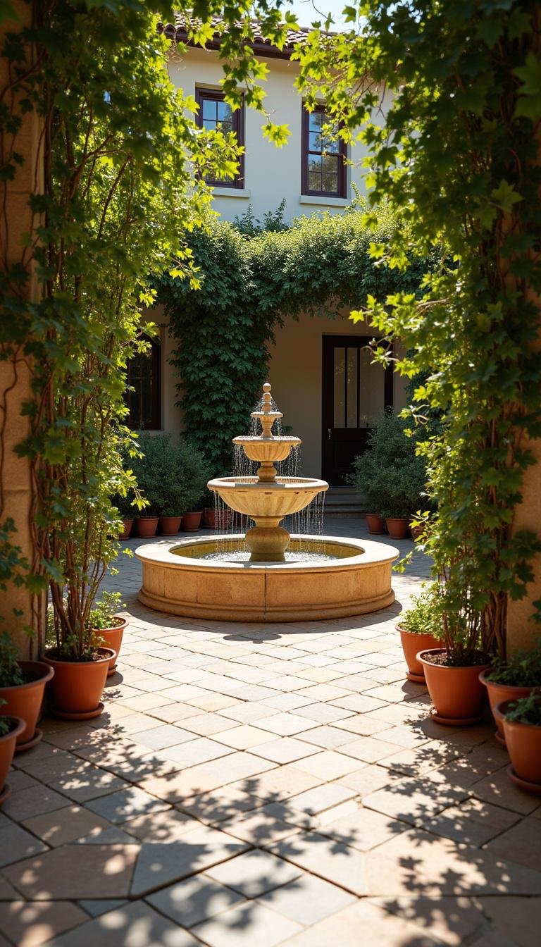 Sun-drenched Mediterranean patio showcasing a fountain, climbing vines, and decorative tiled surfaces