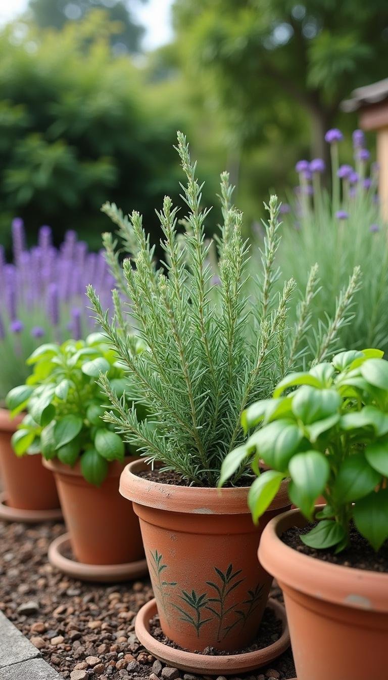 Herb garden in a Mediterranean style with rosemary, basil, and lavender in terracotta pots and garden beds