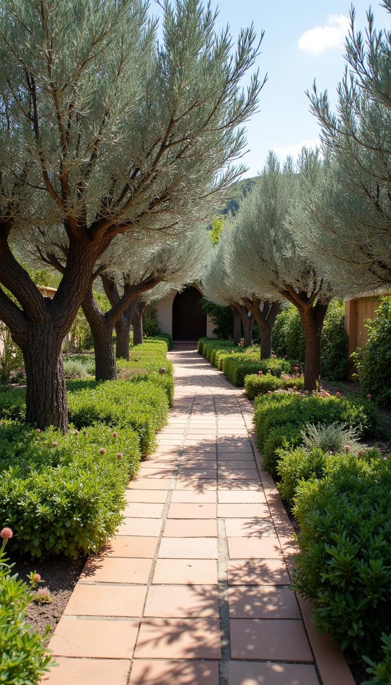 A charming pathway lined with olive trees and flowering plants in a Mediterranean-themed backyard garden