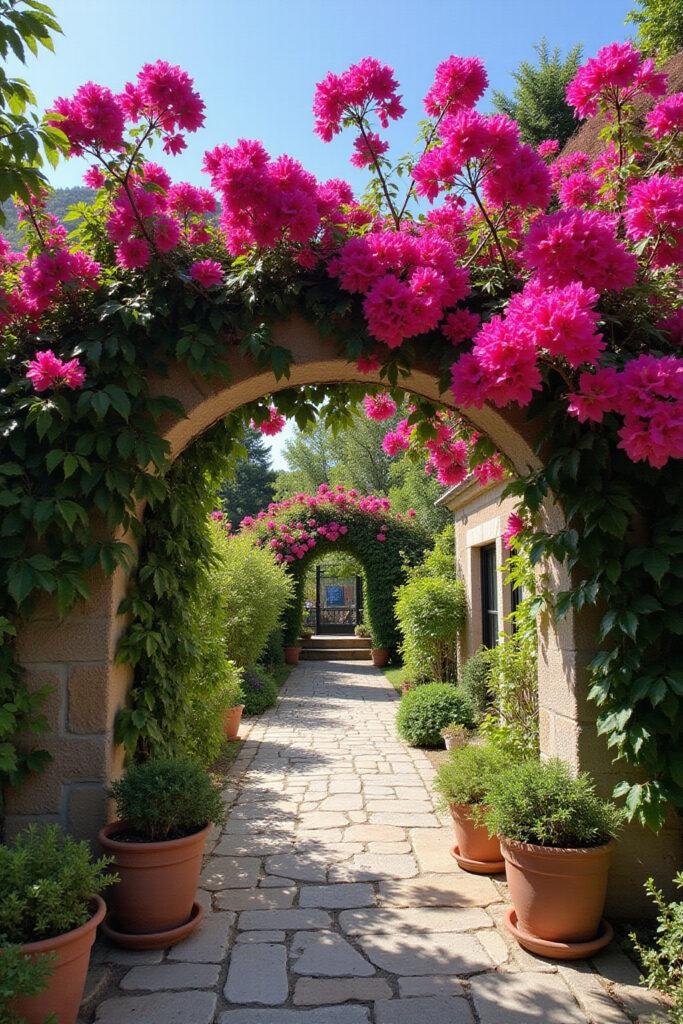 Mediterranean garden with flowering bougainvillaea, terracotta pots, and stone pathway in bright sunlight.