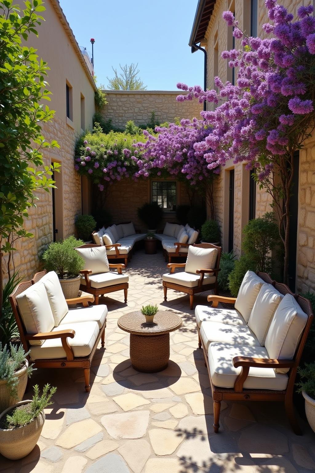 Mediterranean-style patio with comfortable seating, lavender plants, and rustic stone wall background.
