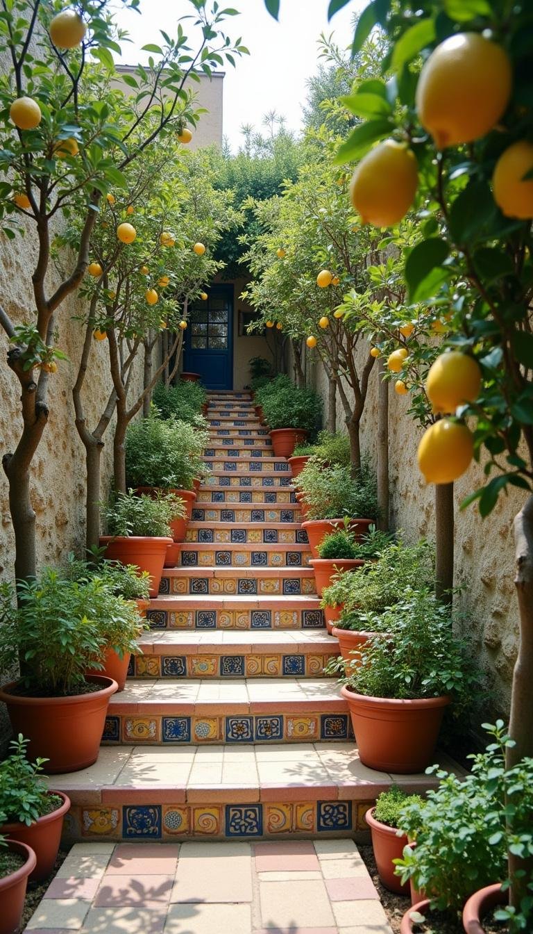 Terraced Mediterranean garden with lemon trees, colorful tiles, and herbs like rosemary and thyme.
