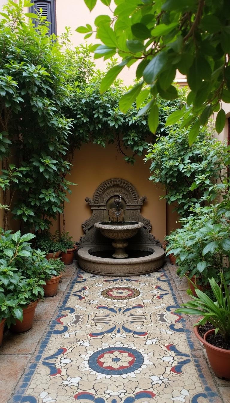 Quiet Mediterranean garden nook with a fountain, mosaic tiles, and leafy green plants.