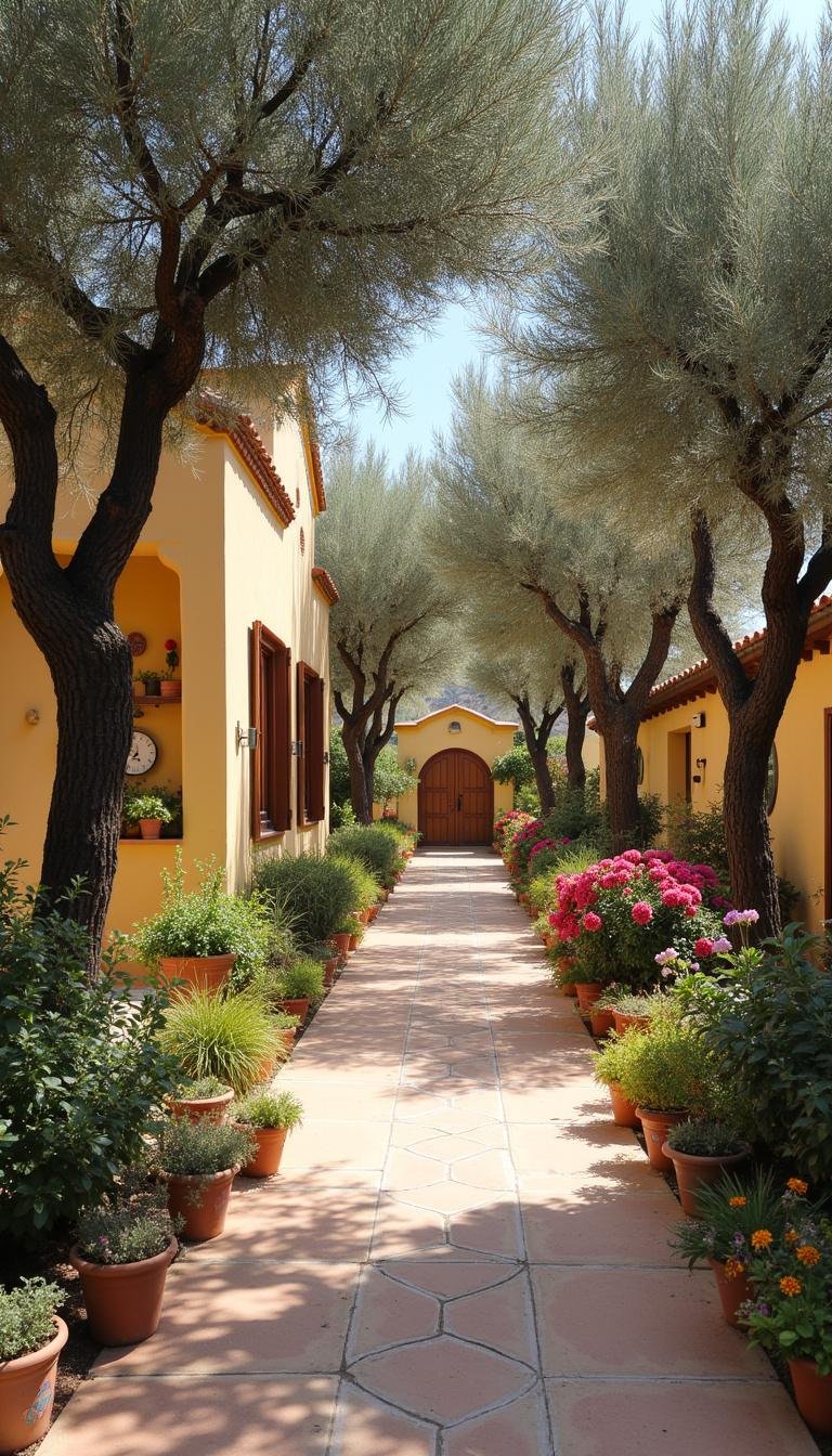 Pathway through Mediterranean olive grove garden with flowering plants and rustic outdoor furnishings.