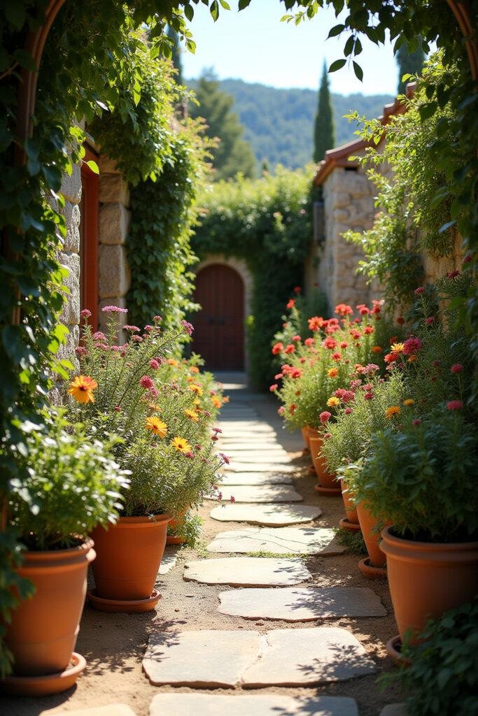 Mediterranean garden featuring vibrant flowers, terracotta pots, and stone pathways, evoking a holiday feeling