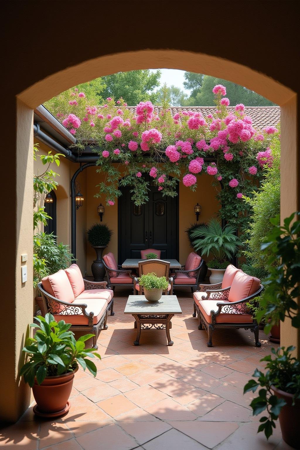 Outdoor Mediterranean patio with rustic furniture, hanging vines, and blooming bougainvillea, perfect for a holiday vibe