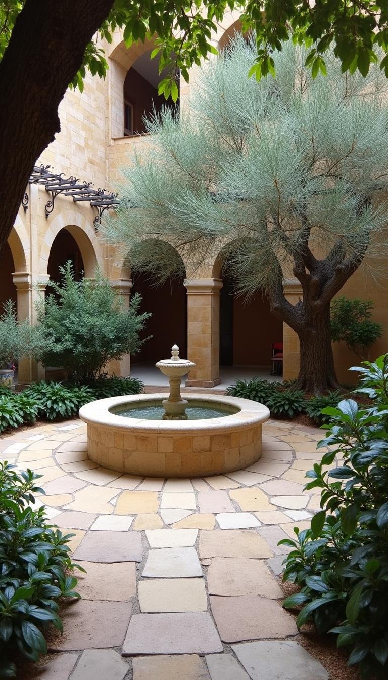Mediterranean courtyard featuring a fountain, olive trees, and stone seating, creating a relaxing holiday atmosphere