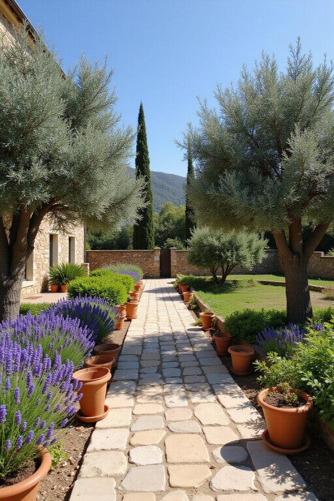 Beautiful Mediterranean garden featuring olive trees, lavender, and terracotta pots in a sunny setting